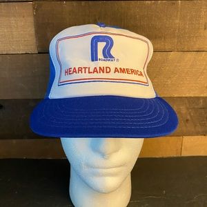 Vintage Blue White Roadway‎ Heartland America Mesh Snapback Cap Trucker Hat.
